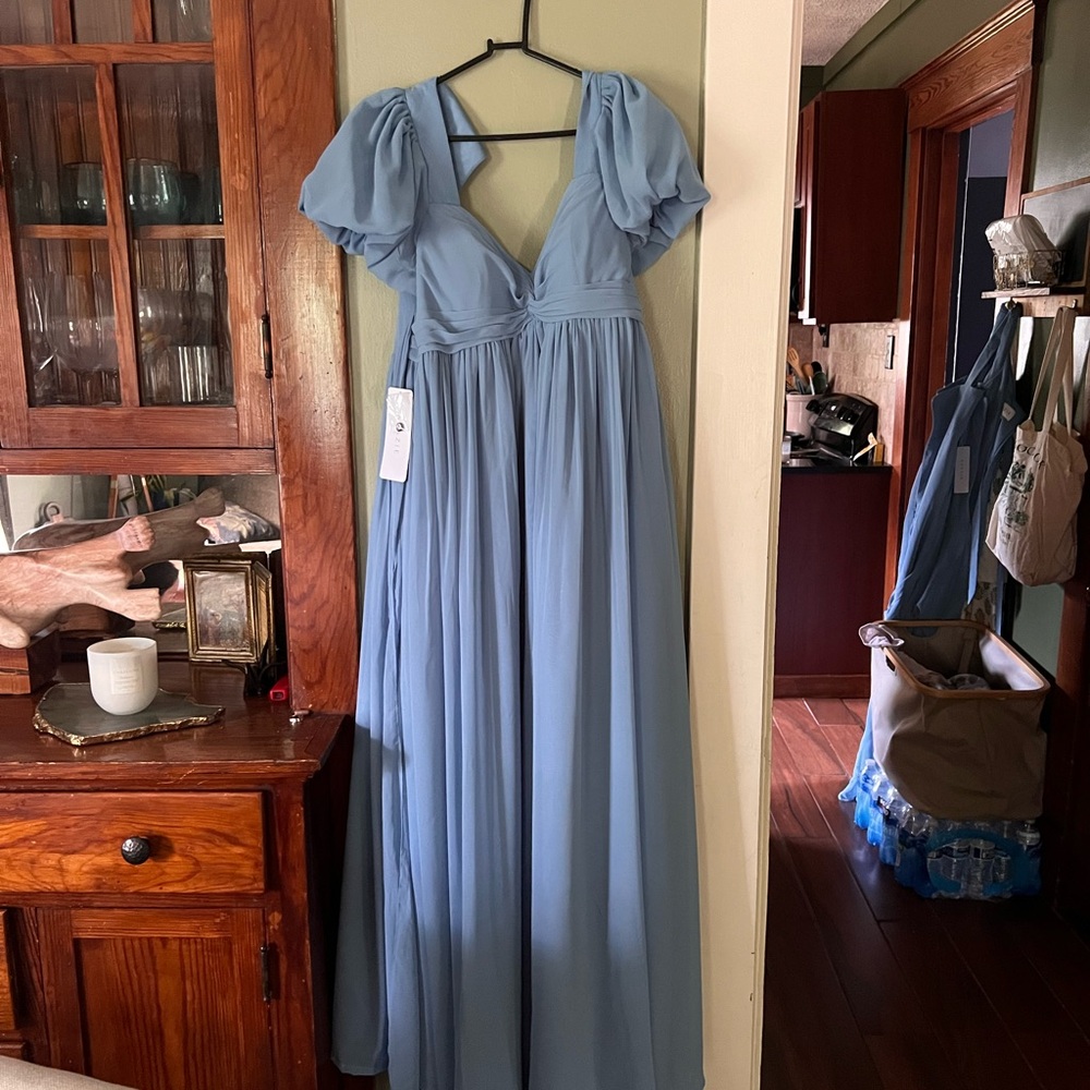 Azazie Madisynn Bow Chiffon Dress in Steel blue